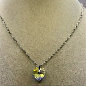 Aurora Borealis Crystal Heart Pendant on a Silver Chain Necklace. 20 inches long